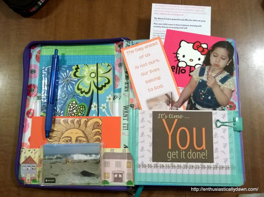 This is the inner binding and first page, which I love. On the left I have made a pocket holding a small calendar. I also adhered a clear plastic business card pocket pocket. Varied scraps I saved were used for decoration. 