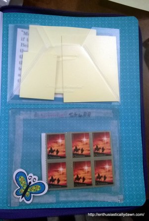 Repurposed bank pass cover and Creative Memories envelope as Sticky Note and Stamp holder. 